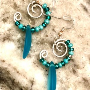 Beachy blue sea glass and silver swirled dangles